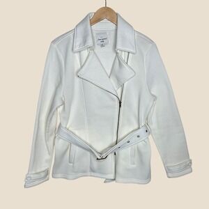 Free Spirit Women's Asymmetrical Belted Moto Jacket size Large Petite White